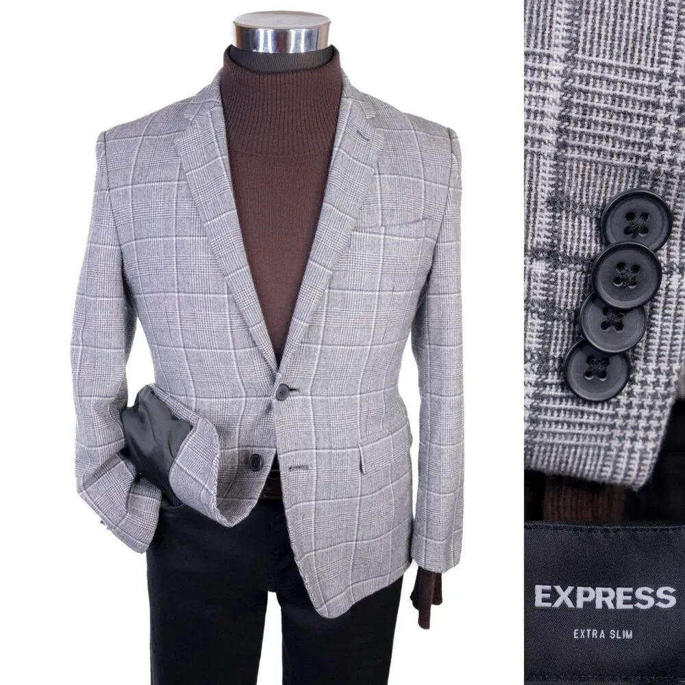 Express Extra Slim Plaid Blazer Sport Coat Sz 38S Two Button Wool/Cotton Jacket